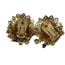Load image into Gallery viewer, Mid Century Blue Crystal Gold Filigree Clip on Earrings