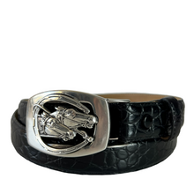 Load image into Gallery viewer, Ben Amun Silver Plate Equestrian Buckle Croc Embossed Leather Belt Size Medium
