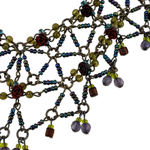 Load image into Gallery viewer, Vintage Hand Beaded Glass Bead Bib Necklace. Intricate glass beadwork featuring tiny red roses (material unknown). Luxury hand-crafted jewelry reminiscent of Colleen Toland jewelry. Excellent condition no flaws. A timeless, lovely piece to add to a jewelry collection! Processed within 1 business day (not included in shipping carrier’s estimated arrival time). Tracking uploaded immediately upon shipment.
