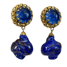 Load image into Gallery viewer, Mid Century Cobalt Blue Foiled Venetian Glass Dangle Clip on Earrings