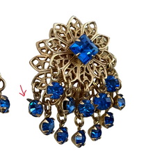Load image into Gallery viewer, Mid Century Blue Crystal Gold Filigree Clip on Earrings