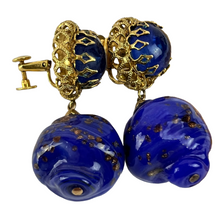 Load image into Gallery viewer, Mid Century Cobalt Blue Foiled Venetian Glass Dangle Clip on Earrings