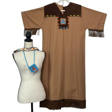 Load image into Gallery viewer, Vintage Campfire Dress. Includes seed bead leather pouch, and seed bead accessory featuring a Thunderbird, (21.5 inches long). Measurements: Chest 42", shoulder to hem 48 inches, waste 44 inches, hips 48 inches.