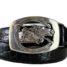 Load image into Gallery viewer, Ben Amun Silver Plate Equestrian Buckle Croc Embossed Leather Belt Size Medium