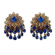 Load image into Gallery viewer, Mid Century Blue Crystal Gold Filigree Clip on Earrings