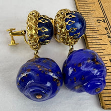 Load image into Gallery viewer, Mid Century Cobalt Blue Foiled Venetian Glass Dangle Clip on Earrings