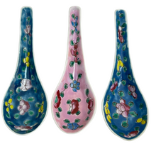Load image into Gallery viewer, Vintage Chinese Porcelain Soup Spoons Hand Painted Enamel Flowers Set of 6