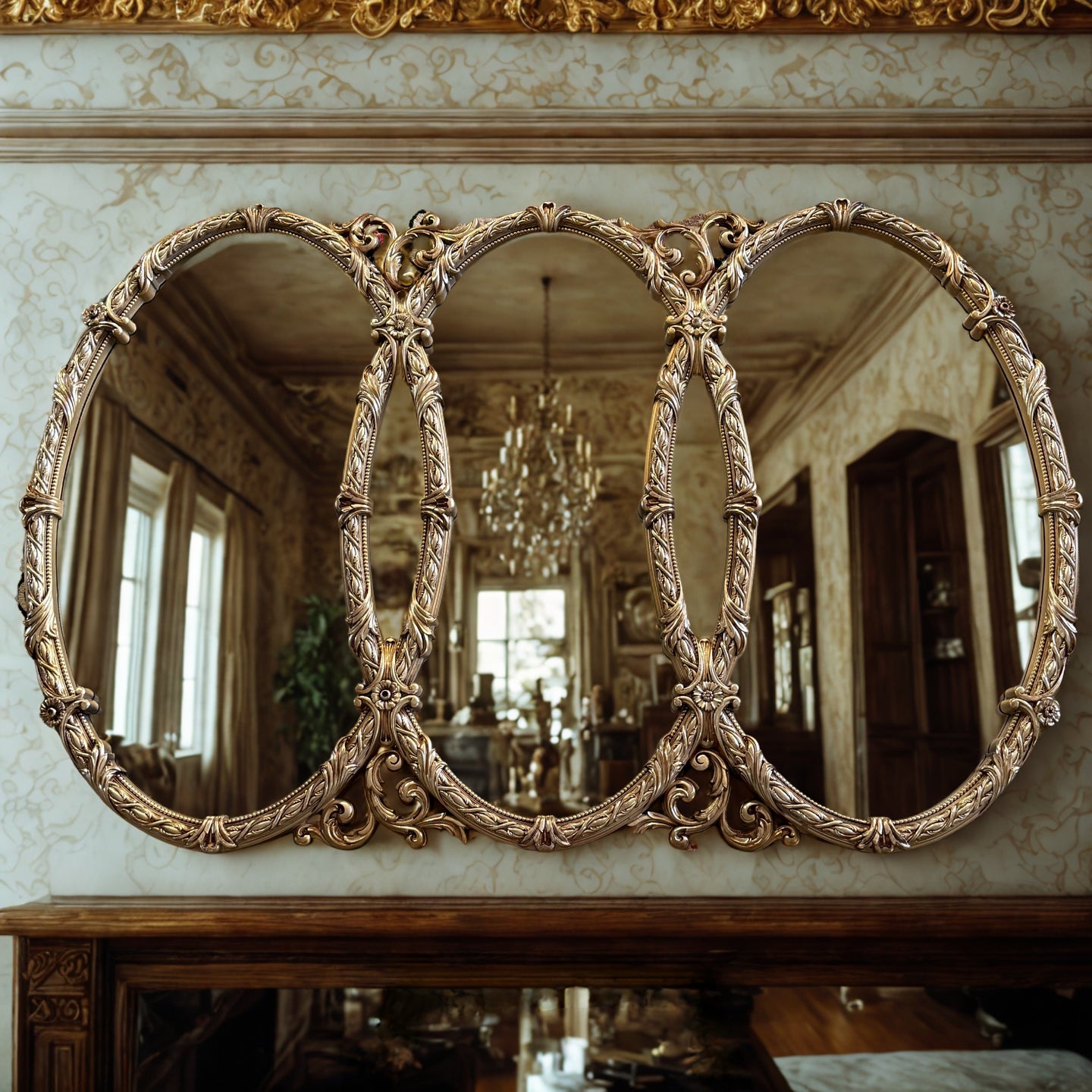 Mid Century Gold Ornate Bassett Triple Ring Mirror