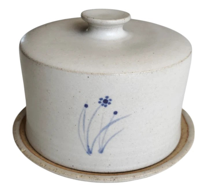 Vintage Stoneware Cheese Dome with Hand-painted Blue Flowers