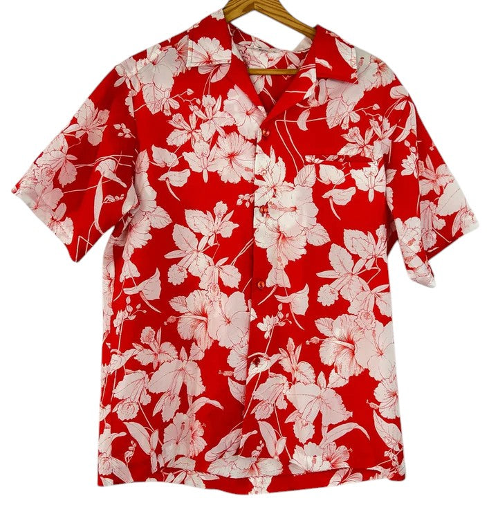 Vintage Aloha Shirt Hibiscus Red & White Chest Pocket Size Medium Chest 45