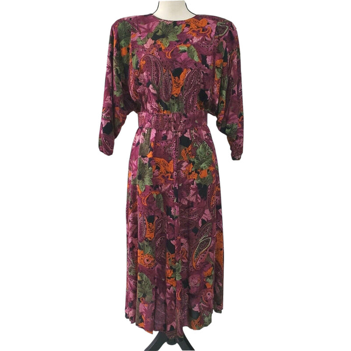 80s Floral Midi Boho Dress Dolman Sleeves &  Pockets Size 9/10