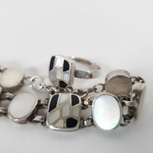 Load image into Gallery viewer, Sterling Silver Onyx MOP Inlay Ring &amp; Bracelet Set Ring Size 7.5 

