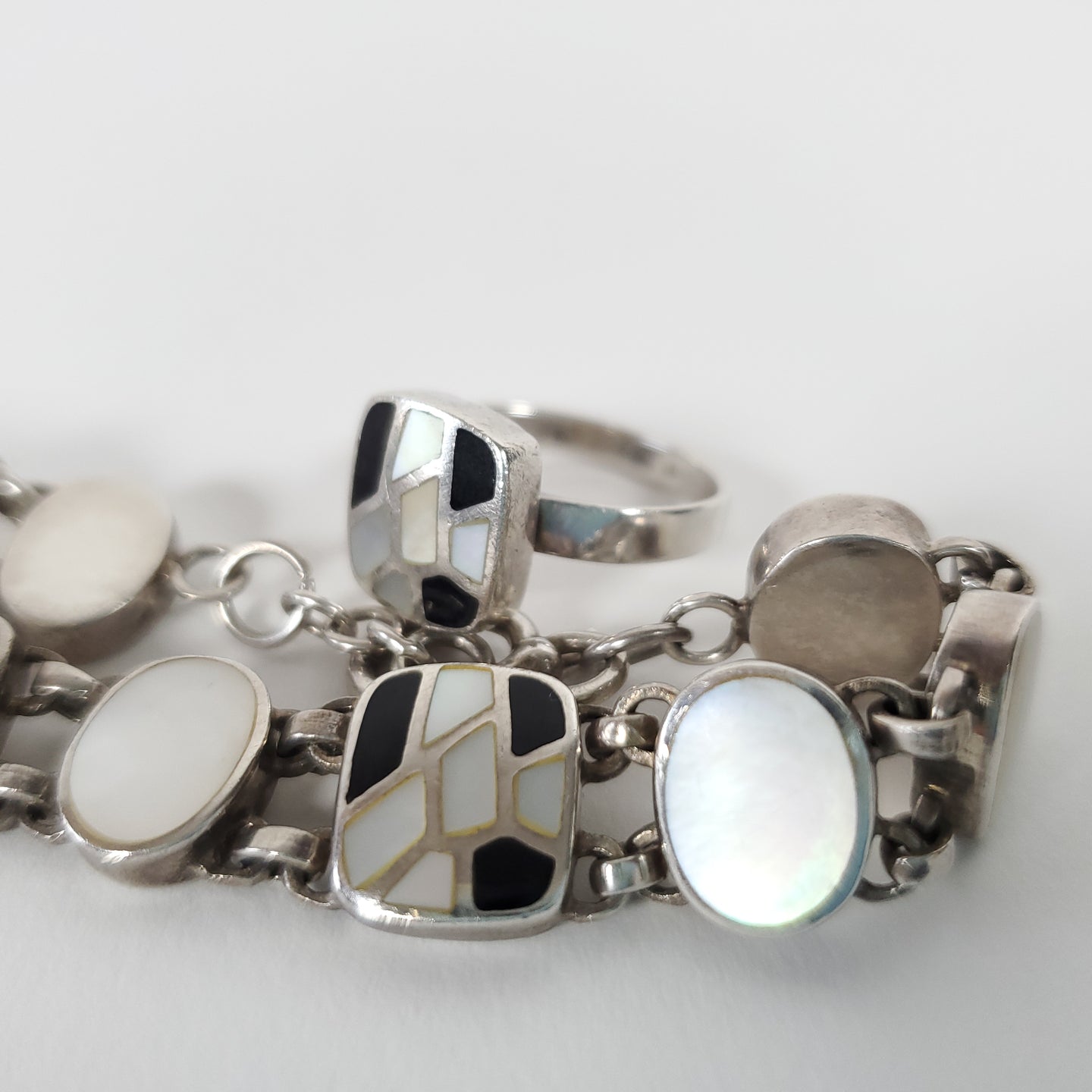 Sterling Silver Onyx MOP Inlay Ring & Bracelet Set Ring Size 7.5 