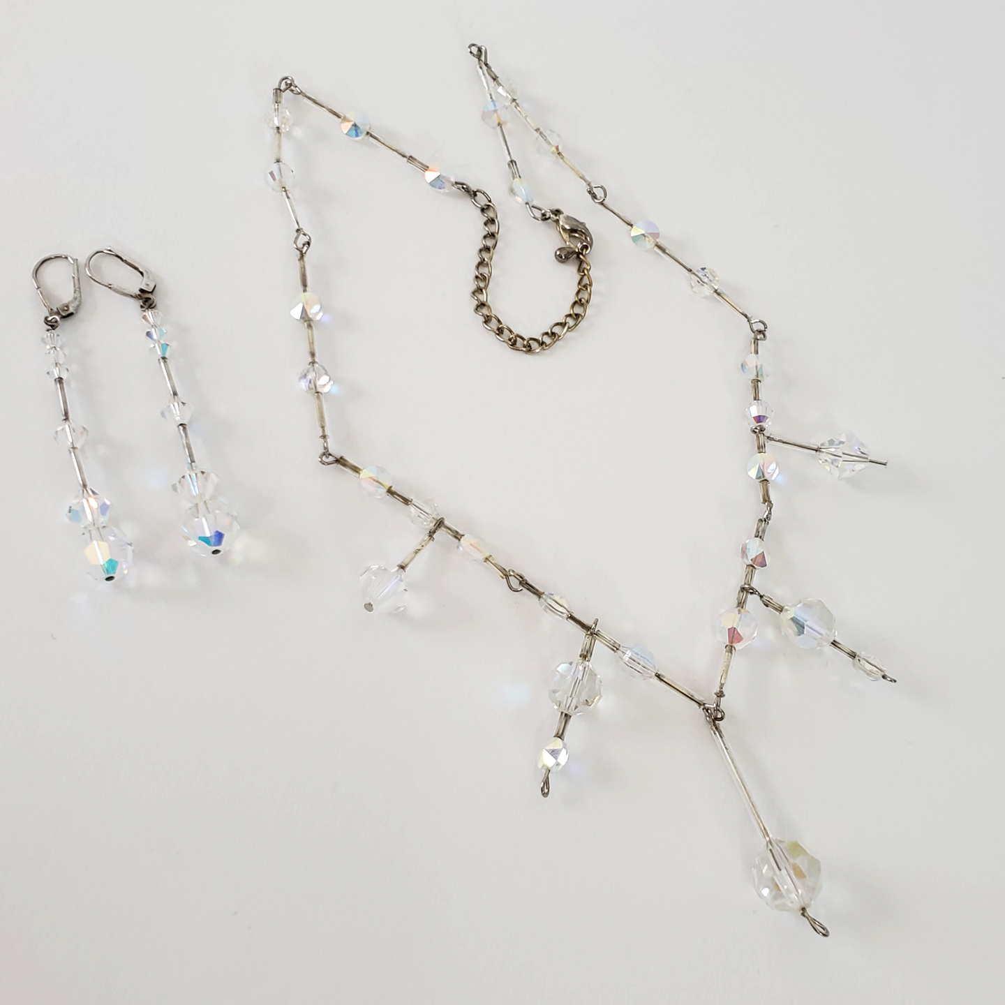 Aurora Borealis Faceted Drop Necklace & Earrings Set Stamped 925 Silver