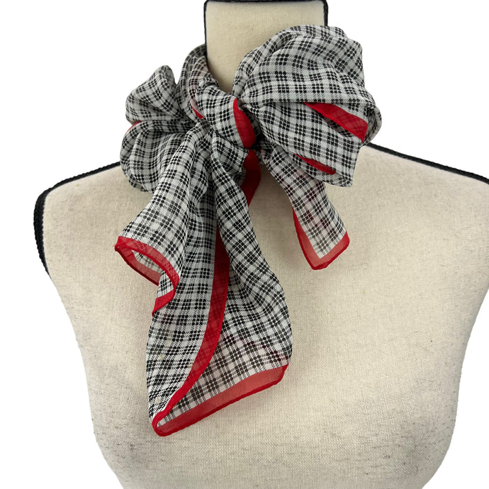 Vintage Sheer Black Rectangle Scarf Pattern: Black and white checkered with red border