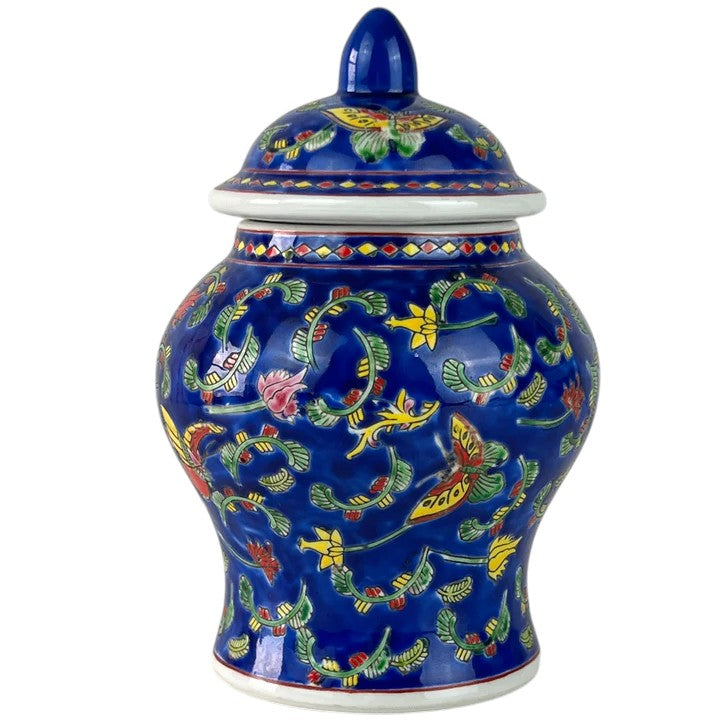 Mid Century Blue Bone China Jar with Butterflies & Flowers