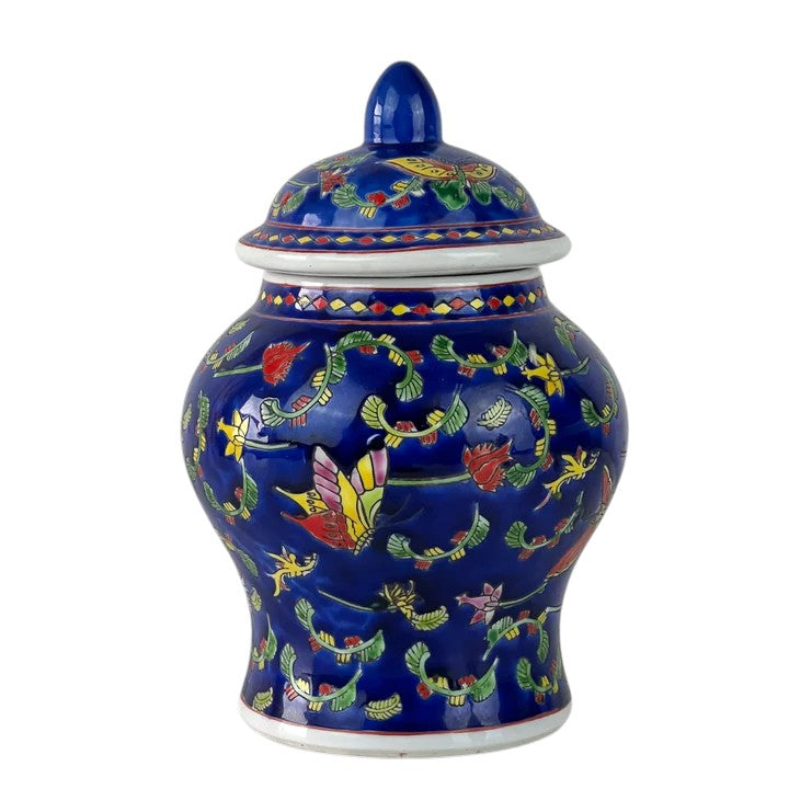 Mid Century Blue Bone China Jar with Butterflies & Flowers
