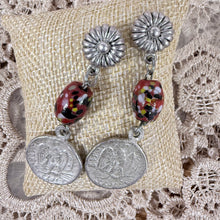 Load image into Gallery viewer, Vintage Silver-Tone Roman Coin &amp; Red Millefiori Glass Bead Dangle Earrings

