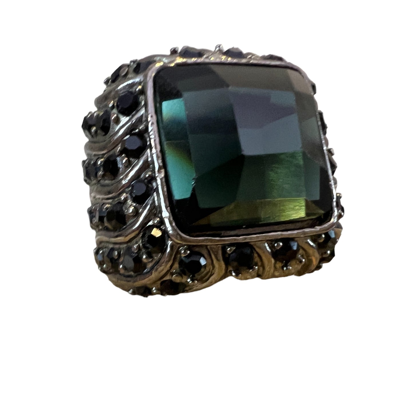 Vintage Dark Emerald Green Radiant Cut Glass Cocktail Ring Size 4.5