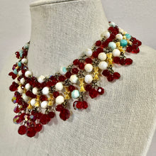 Load image into Gallery viewer, Mid Century Multi Strand Beaded Collar Necklace Ruby Glass Swirl Beads Crown Clasp
