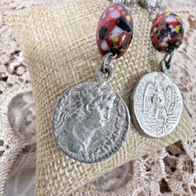 Load image into Gallery viewer, Vintage Silver-Tone Roman Coin &amp; Red Millefiori Glass Bead Dangle Earrings
