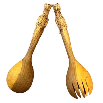 Vintage Spotted Leopard Carved Wooden Salad Utensils