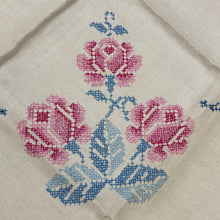Load image into Gallery viewer, 50s Hand Embroidered Roses Linen Card Table Tablecloth &amp; Napkins Set
