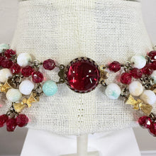 Load image into Gallery viewer, Mid Century Multi Strand Beaded Collar Necklace Ruby Glass Swirl Beads Crown Clasp
