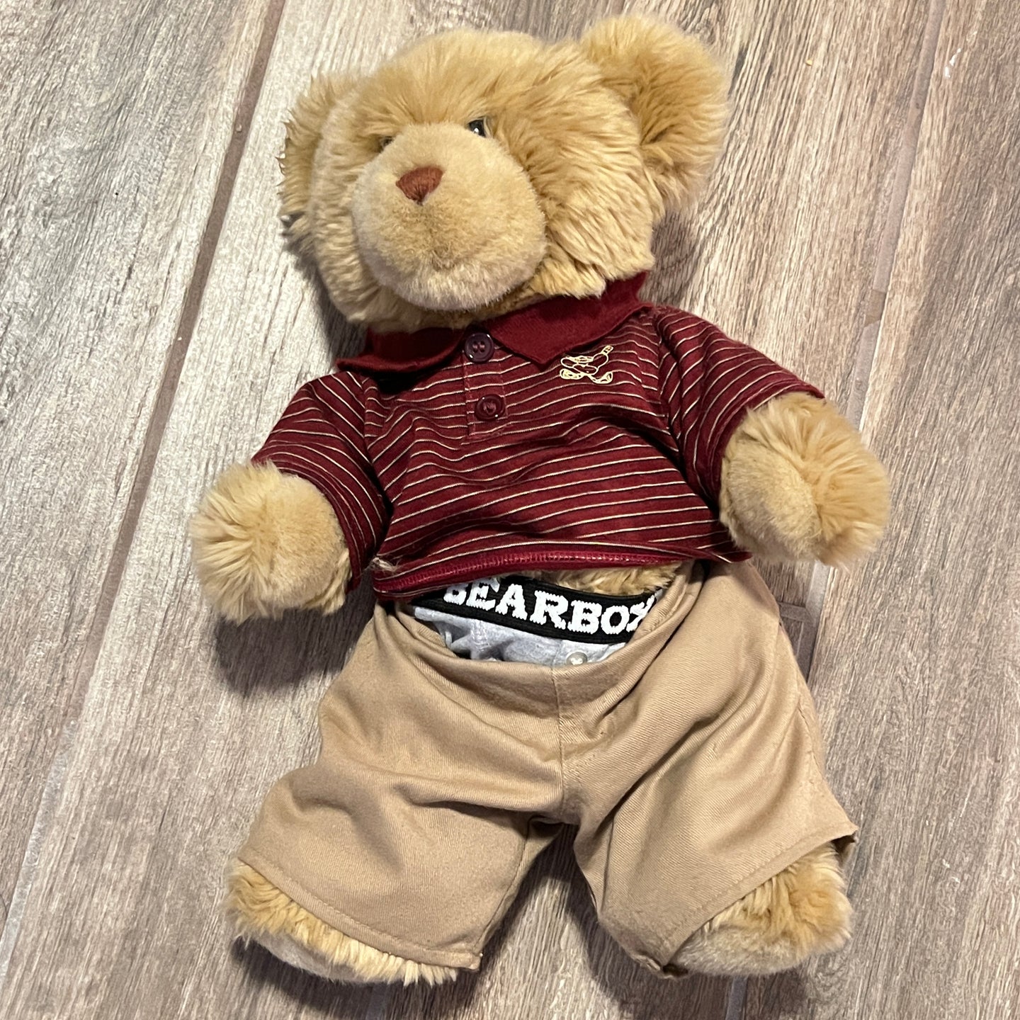 Build A Bear Teddy ~ 14” Wearing Khaki Shorts with Striped Polo