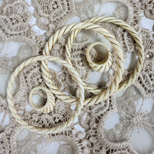 Load image into Gallery viewer, Vintage Carved Natural Bone Set 3 Twist Bangles 2 Swirl Dome Rings w Gold Inlay
