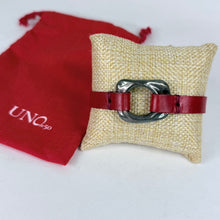 Load image into Gallery viewer, UNOde50 Trunk Show Exclusive Red Leather &amp; Silver Plate Buckle Bracelet

