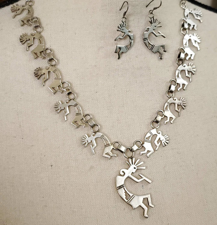Sterling Silver Kokopelli Necklace & Earrings Set