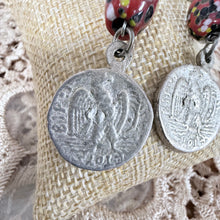 Load image into Gallery viewer, Vintage Silver-Tone Roman Coin &amp; Red Millefiori Glass Bead Dangle Earrings
