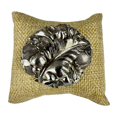 Vintage Silvertone Baroque Leaf Brooch Round Sculptural Ornate Pin