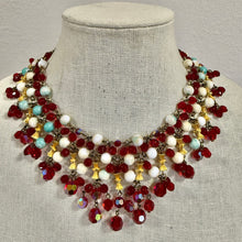 Load image into Gallery viewer, Mid Century Multi Strand Beaded Collar Necklace Ruby Glass Swirl Beads Crown Clasp
