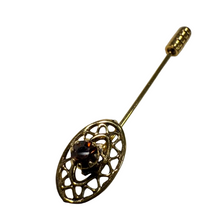 Load image into Gallery viewer, 1950s Gold Tone Filigree Stick Pin with Garnet Glass Stone
