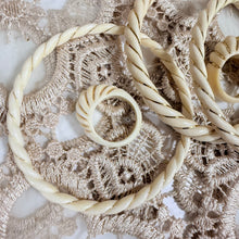 Load image into Gallery viewer, Vintage Carved Natural Bone Set 3 Twist Bangles 2 Swirl Dome Rings w Gold Inlay
