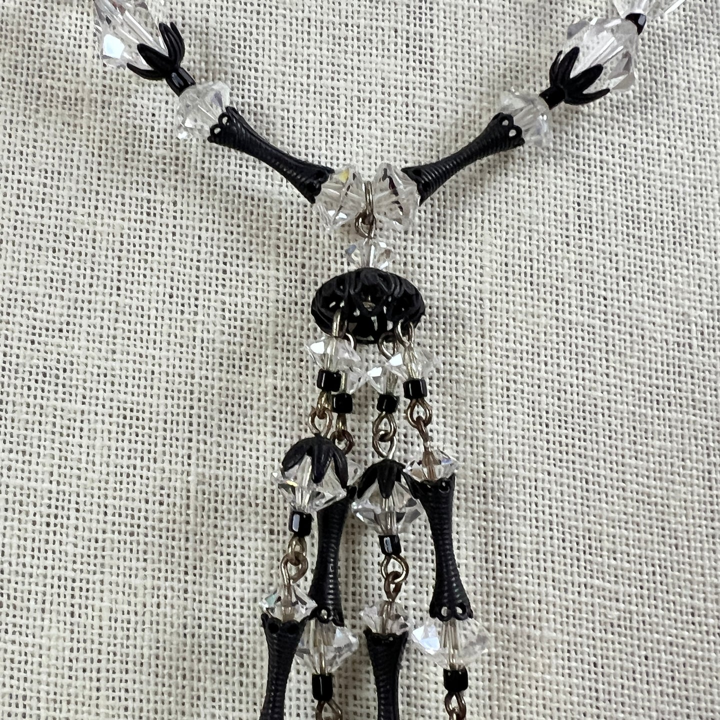 Antique Art Deco Cut Crystal Filigree Tassel Necklace 14.5