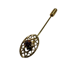 Load image into Gallery viewer, 1950s Gold Tone Filigree Stick Pin with Garnet Glass Stone
