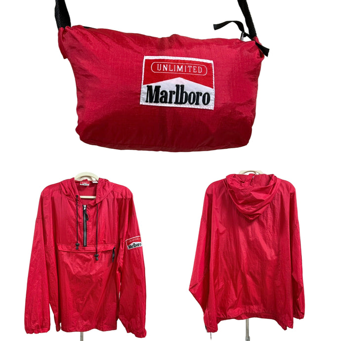 VTG 1990s Marlboro Red Packable Hooded 3/4 zip Windbreaker Large