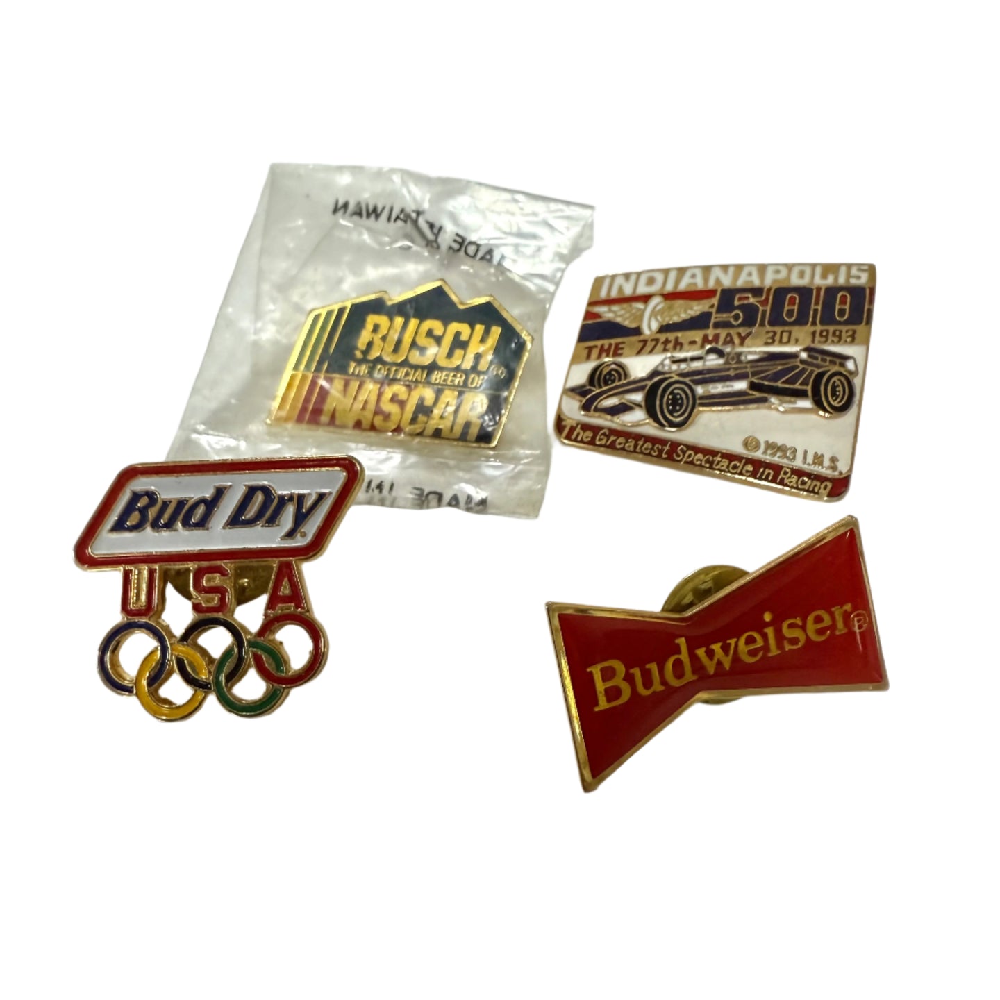 Vintage Beer & Racing Pin Lot – Bud Dry USA Olympics, Budweiser, Busch NASCAR, 1993 Indy 500 Lapel Pins 