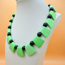 Load image into Gallery viewer, Vintage Lime Green Fan Slice Onyx Black Bead Necklace 800 Silver Toggle Clasp
