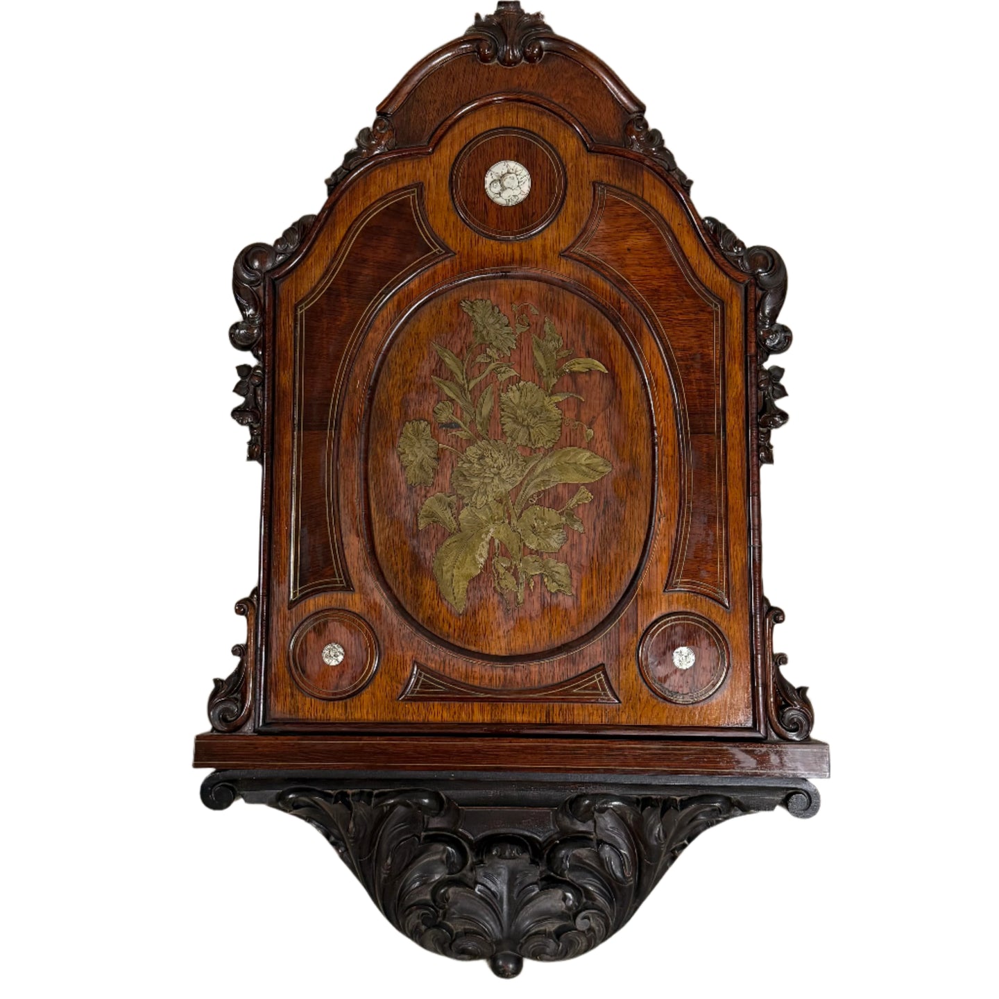 Victorian Eastlake Rosewood Wall Cabinet with Brass Floral & Mother of Pearl Inlay