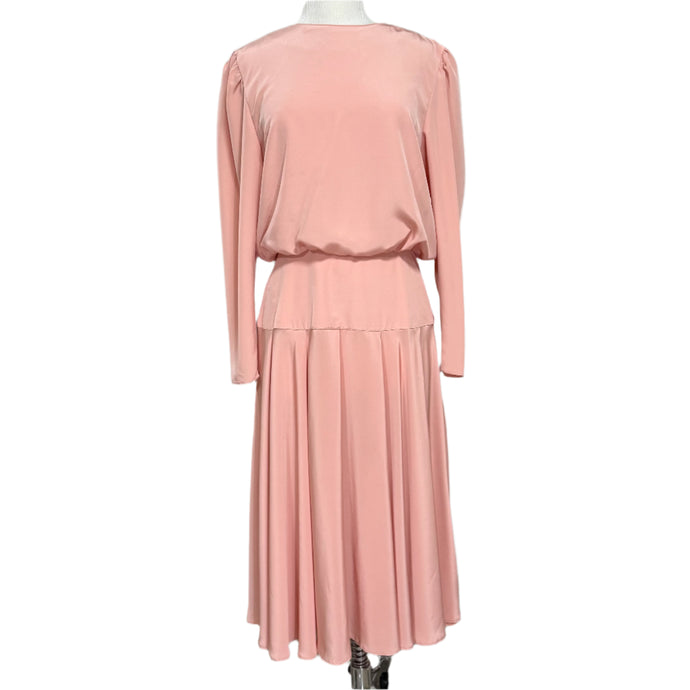 VTG 70s Peach Long Sleeve Drop Waist Midi Dress Size 12 Made in the USA