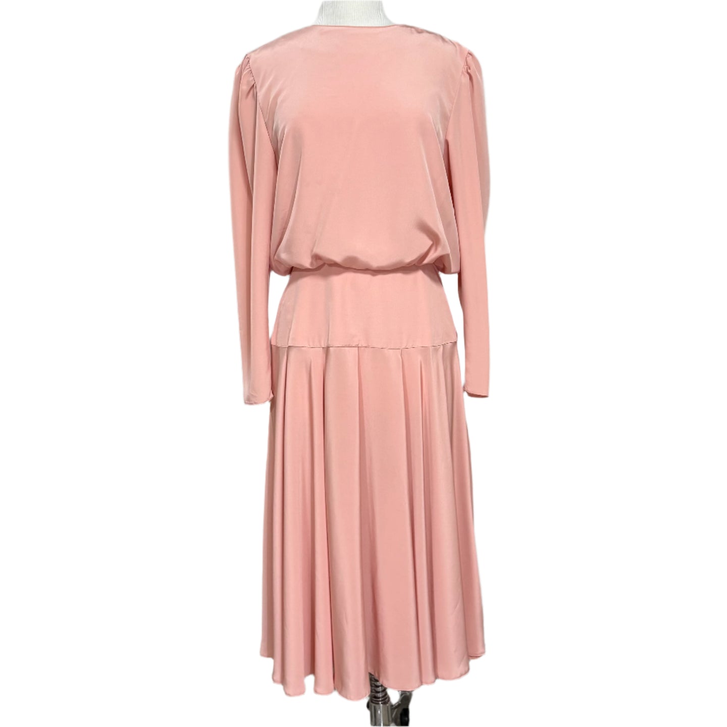 VTG 70s Peach Long Sleeve Drop Waist Midi Dress Size 12 Made in the USA