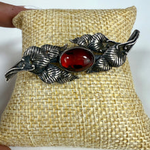 Load image into Gallery viewer, Vintage Silvertone Feather Brooch with Red Cabochon Mid Century Statement Pin
