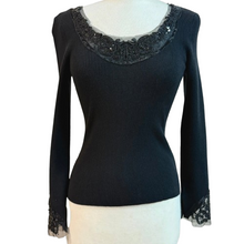 Load image into Gallery viewer, Vintage Black Ribbed Knit Sweater Sequin &amp; Lace Trim Size Small
