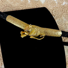 Load image into Gallery viewer, Vintage St. John Gold Panther Buckle on Thin Black Leather Cinch Belt Size Small
