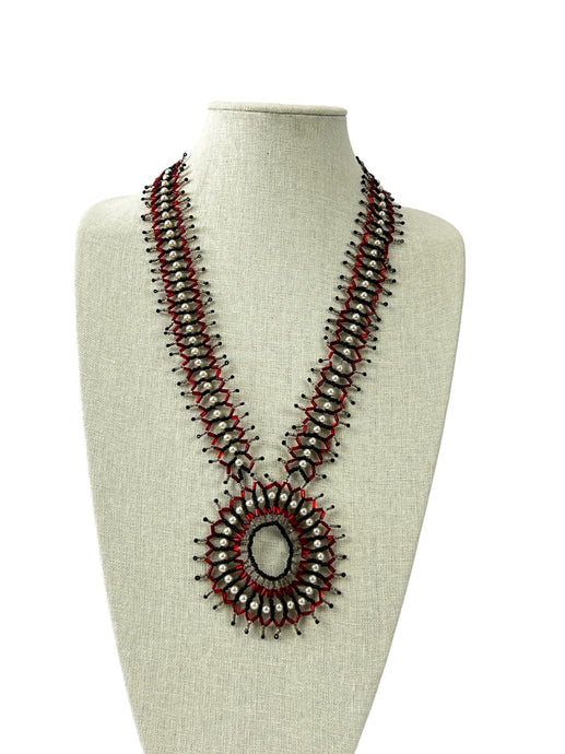 Vintage Woven Glass Seed Bead Medallion Pendant Necklace