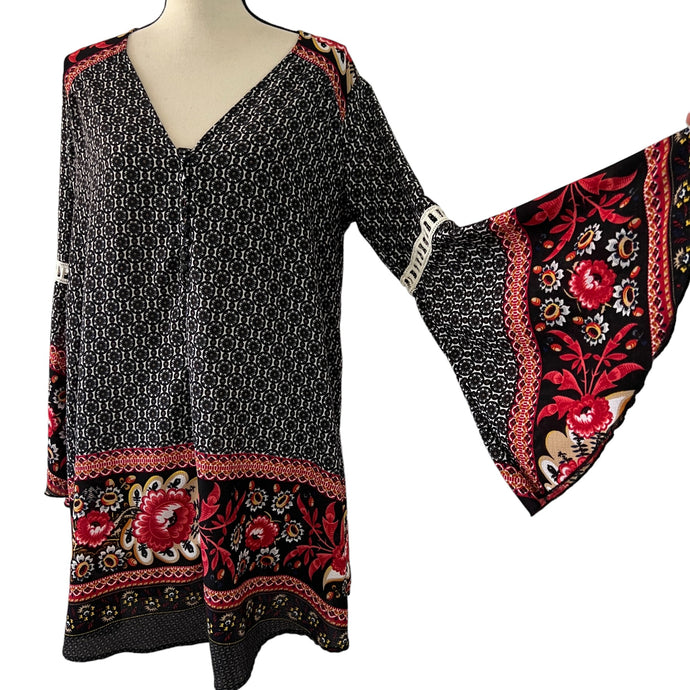 Umgee Black Floral Bell Sleeve Boho Dress Size S
